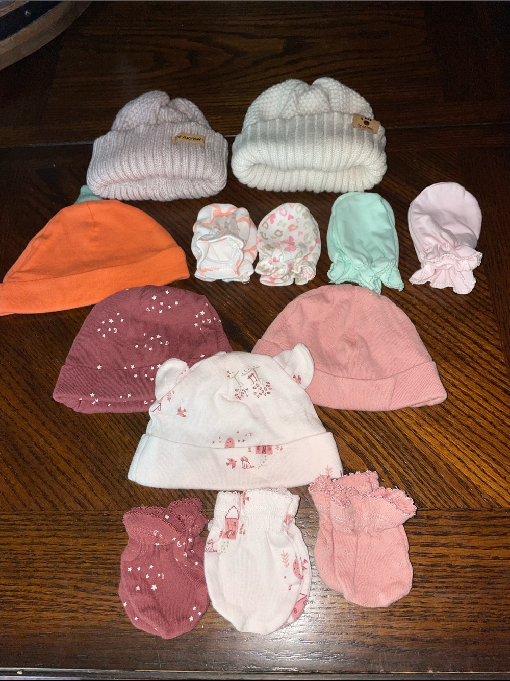 Newborn 0-6m Baby Girl Hats Beanie & Mittens Lot